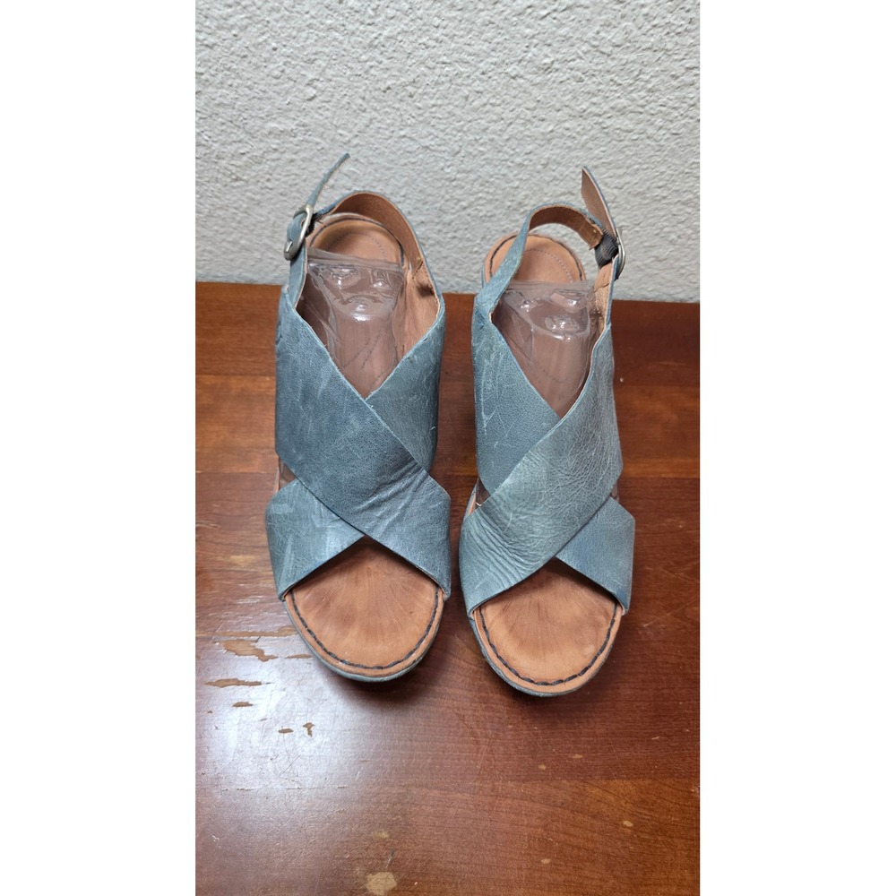 Born MJJ2 Leather Wedge Sandals Womens 10 Blue Grey Crisscross Slingback MJJ2